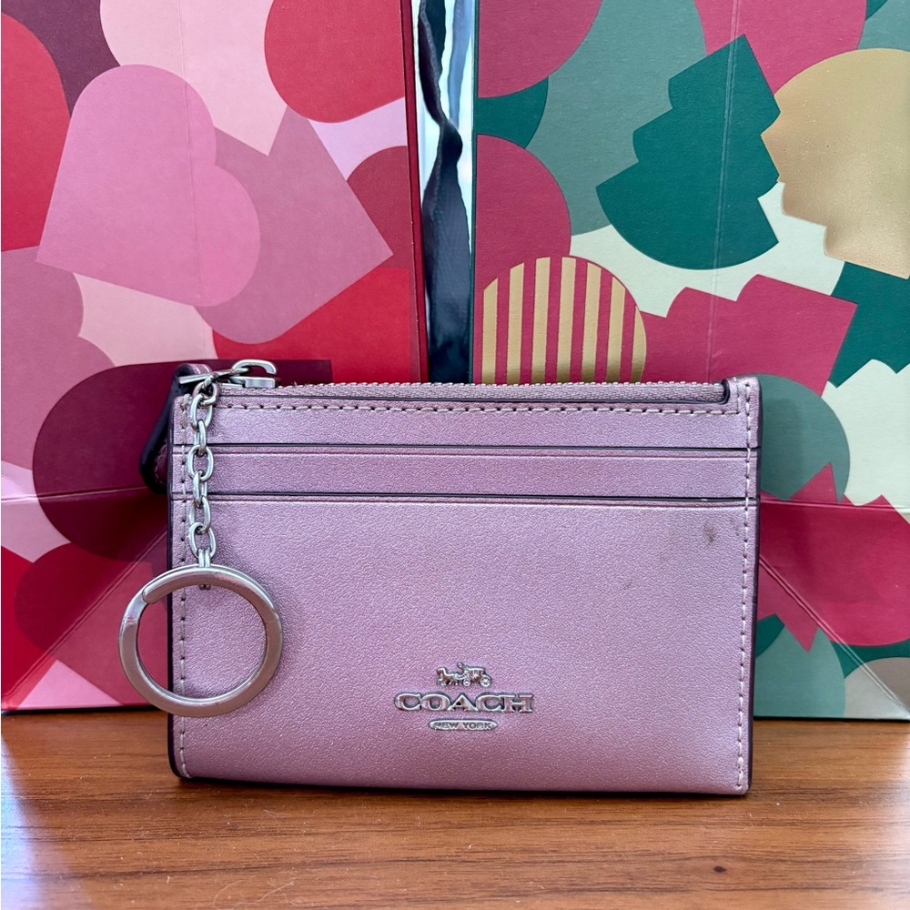 Coach Metallic Pink Card Holder Wallet With Silver Key Ring